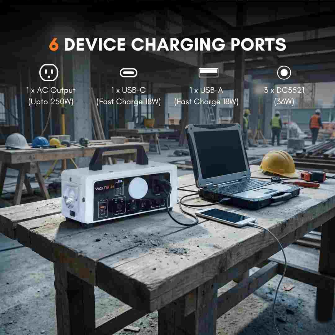 Wattsun 450W Portable Power Station | 296Wh Lithium Battery | 6 Output Ports | IP32 Rated | 15W LED Light